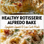 Close-up of rotisserie chicken spaghetti squash alfredo with creamy sauce in a baked shell.